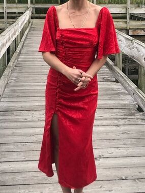 Red Square-Neck Midi Dress
